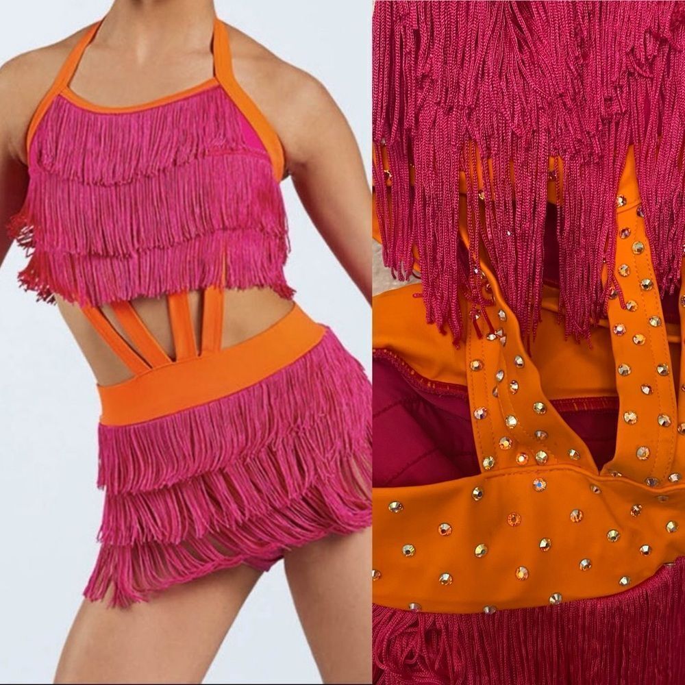Weissman Elite Dance Costume Pink Orange Fringe Work D11462 Rhinestone Ma Adult